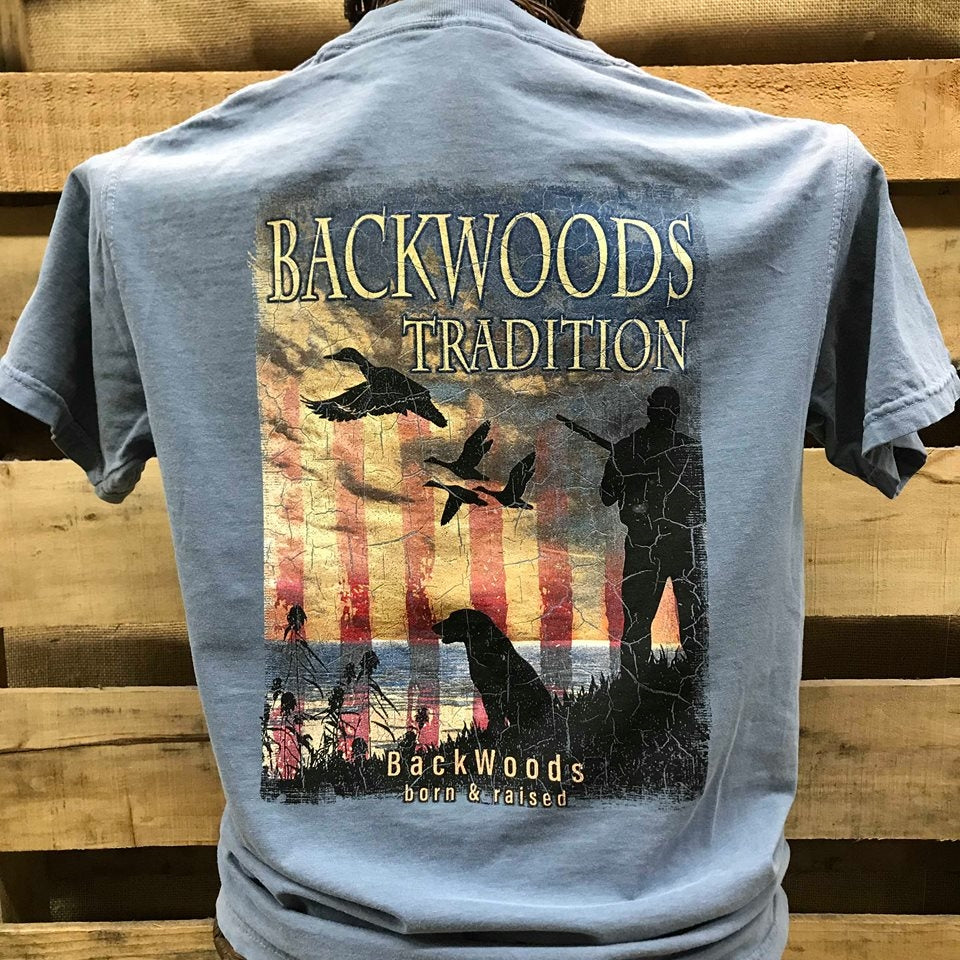 Backwoods Traditions Duck Hunt Dog USA Flag Bright Comfort Colors Unisex T Shirt - SimplyCuteTees