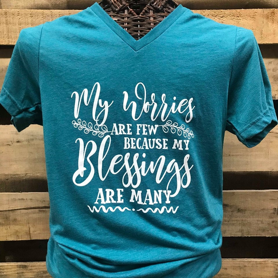 Southern Chics Apparel My Worries are Few My Blessings are Many Canvas V-Neck Bright T Shirt - SimplyCuteTees