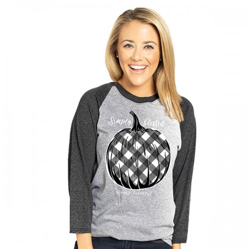 SALE Simply Faithful By Simply Southern Blessed Plaid Pumpkin Fall Long Sleeve T-Shirt