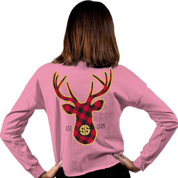 SALE Simply Southern Preppy Plaid Deer Shortie Crop Top Long Sleeve T-Shirt - SimplyCuteTees