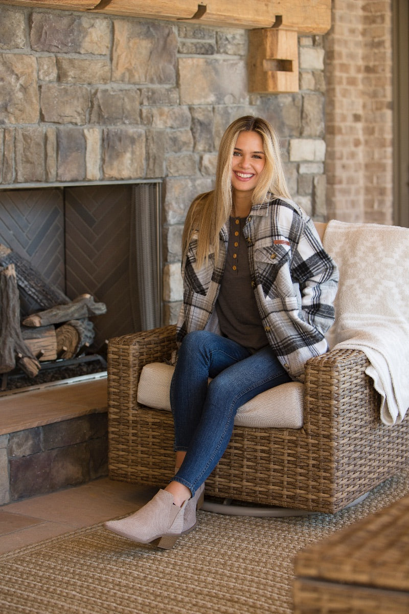 Simply Southern Gray Plaid Sherpa Lined Sweater Jacket Shacket
