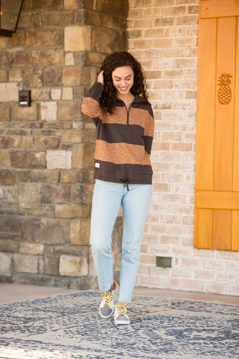 SALE Simply Southern Quarter Zip Stripe Leopard Pullover Jacket
