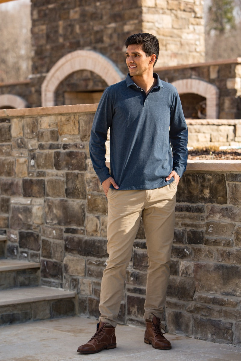 Simply Southern Classic Heather Navy Unisex Polo Long Sleeve T-Shirt