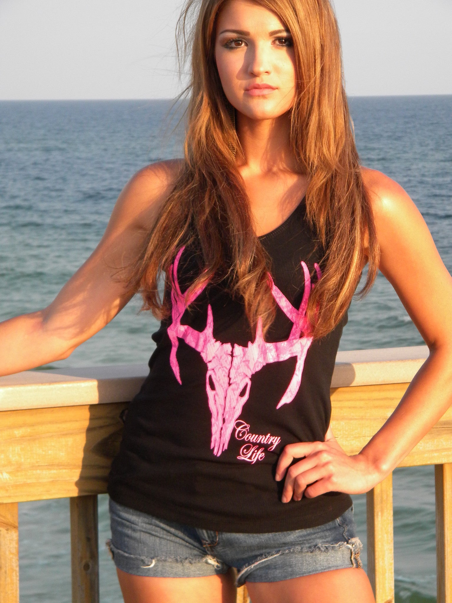 Country Life Outfitters Black &amp; Pink Deer Skull Head Hunt Vintage Bright Fitted Tank Top Shirt - SimplyCuteTees