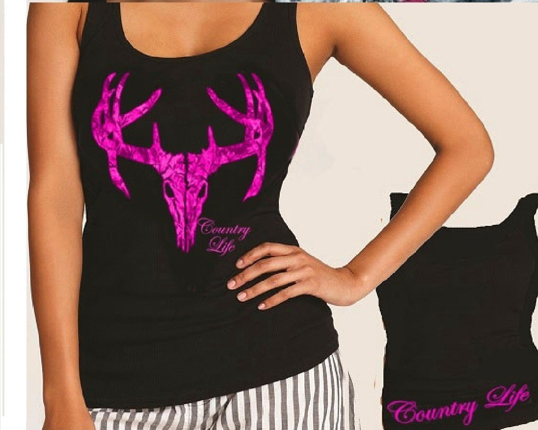 Country Life Outfitters Black &amp; Pink Deer Skull Head Hunt Vintage Bright Fitted Tank Top Shirt - SimplyCuteTees