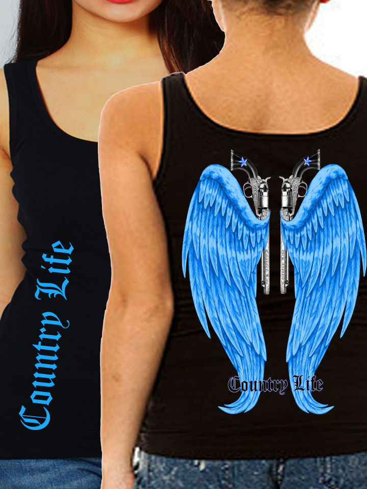 Country Life Outfitters Black &amp; Blue Wings Guns Vintage Girlie Fitted Bright Tank Top Shirt - SimplyCuteTees