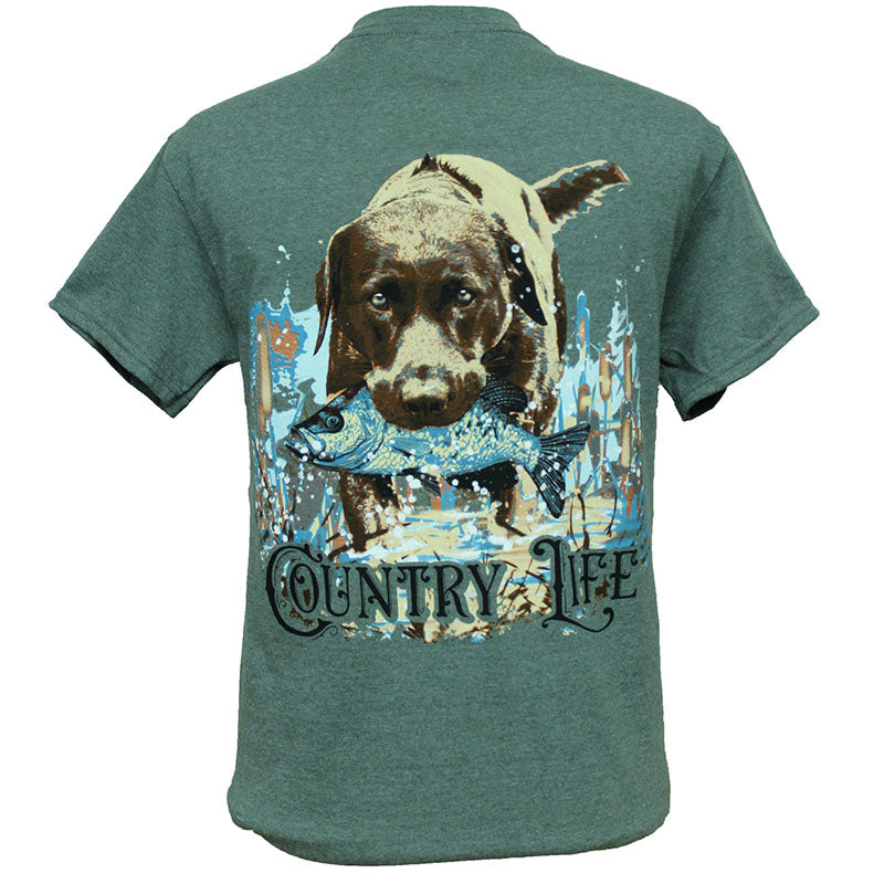 Country Life Outfitters Fishing Dog Unisex Green T-Shirt - SimplyCuteTees