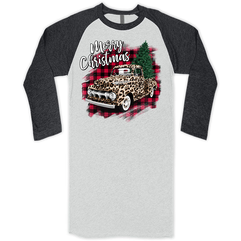 Southern Couture Christmas Leopard Truck Raglan Long Sleeve T-Shirt - SimplyCuteTees
