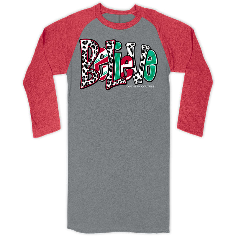 Southern Couture Christmas Believe Raglan Long Sleeve T-Shirt - SimplyCuteTees
