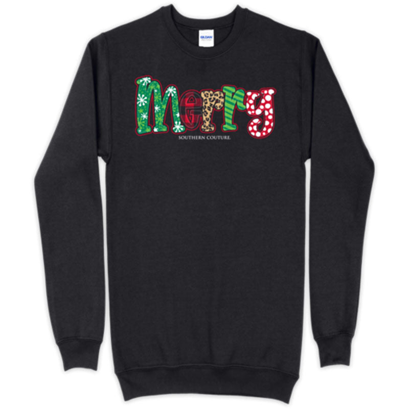 Southern Couture Merry Pattern Holiday Long Sleeve Sweatshirt - SimplyCuteTees