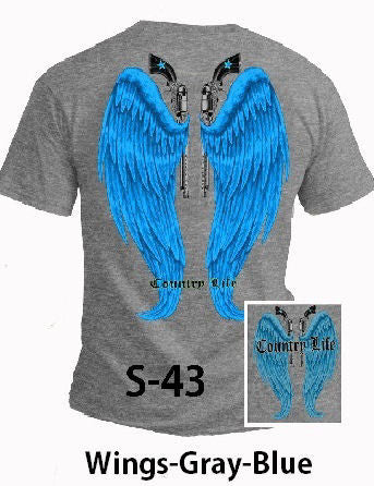 Country Life Outfitters Gray &amp; Blue Wings Guns Vintage Girlie Bright T Shirt