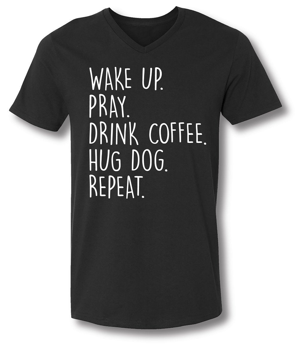 SALE Sassy Frass Wake Up Pray Drink Coffee Hug Dog Repeat Bella Canvas V-Neck Bright Girlie T Shirt - SimplyCuteTees