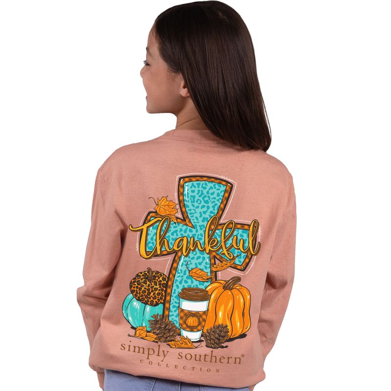 SALE Simply Southern Thankful Cross Pumpkins Fall Long Sleeve T-Shirt