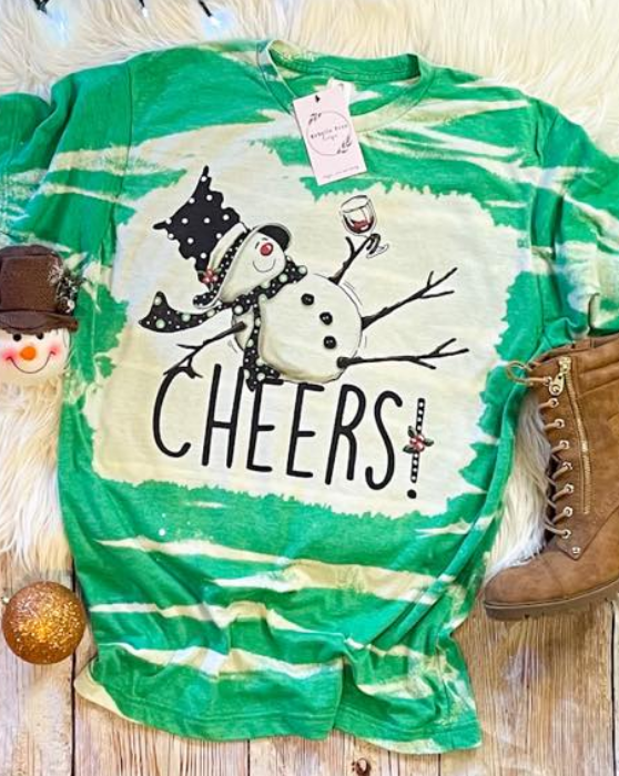 Cheers Snowman Wine Bleached Dye Canvas Girlie T Shirt - SimplyCuteTees