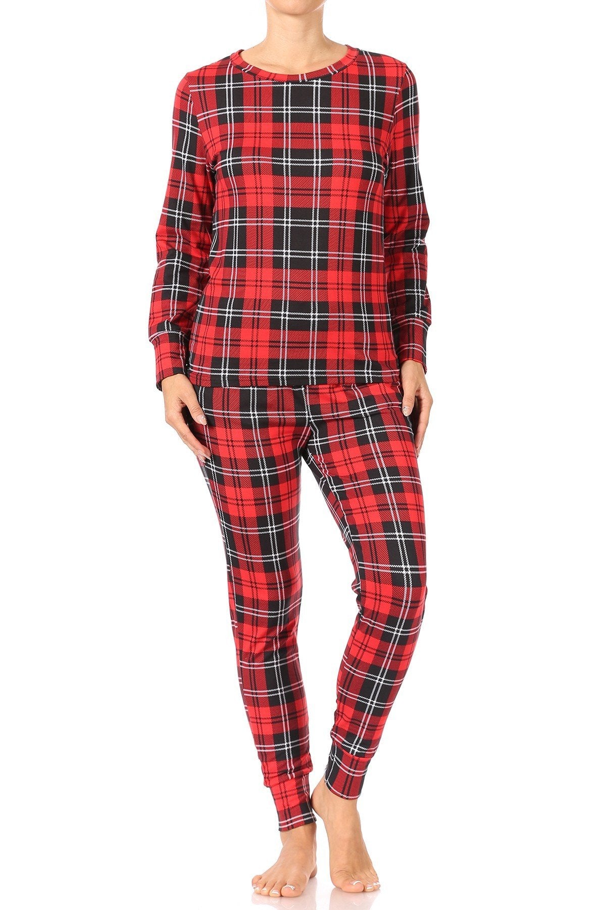 Red Plaid Fleece Lined Lounge Pajama Set Pants and Shirt - SimplyCuteTees