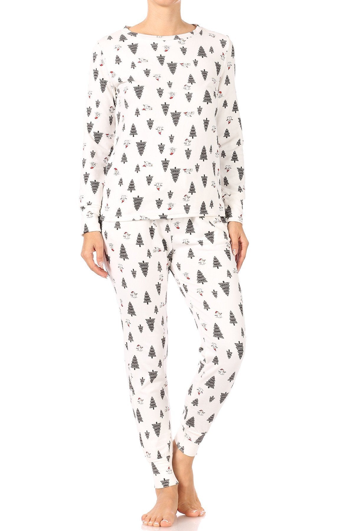 Christmas Trees Snowman Fleece Lined Lounge Pajama Set Pants and Shirt - SimplyCuteTees