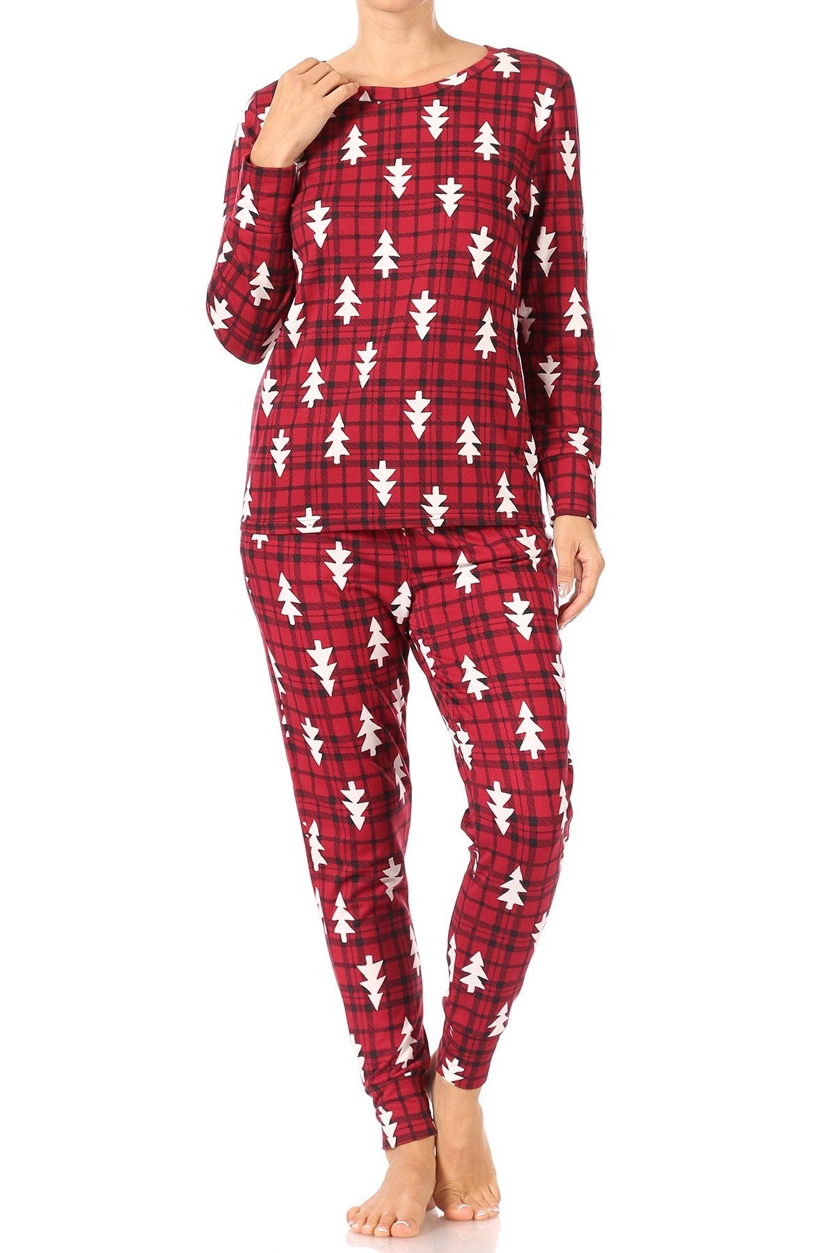 Plaid Christmas Trees Fleece Lined Lounge Pajama Set Pants and Shirt - SimplyCuteTees