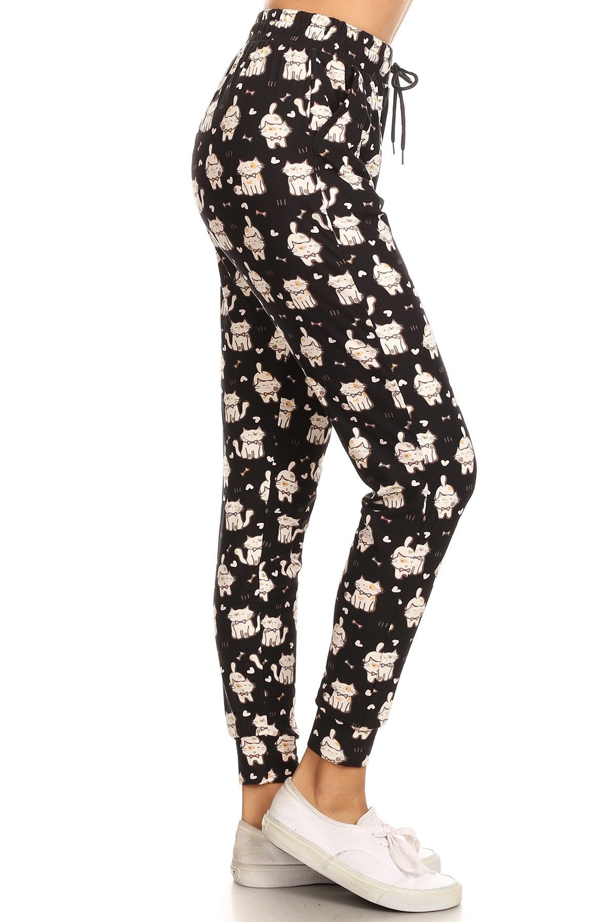 White Cat Print Soft Lounge Jogger Pants