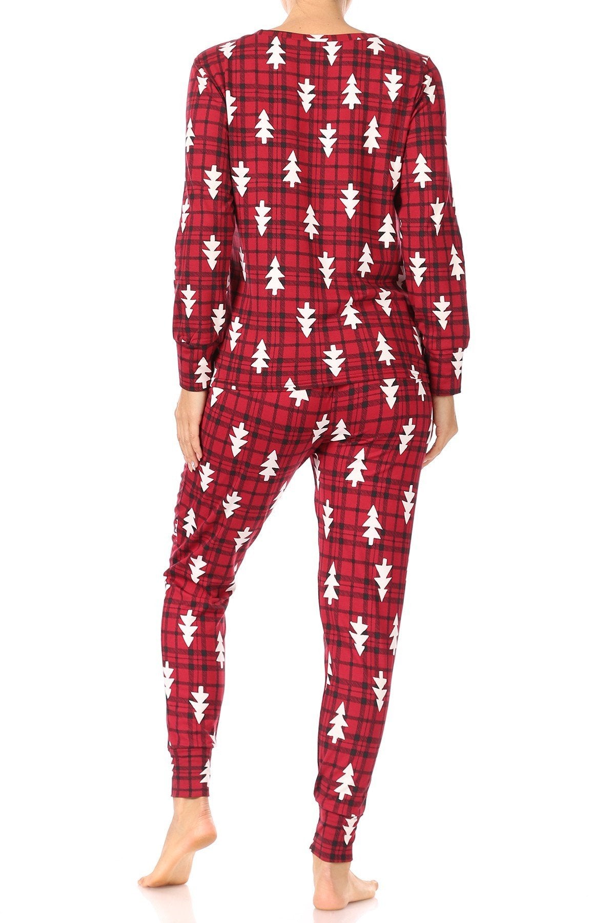 Plaid Christmas Trees Fleece Lined Lounge Pajama Set Pants and Shirt - SimplyCuteTees