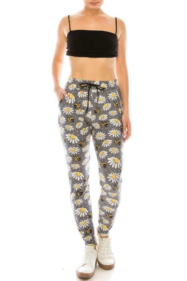 Bee &amp; Daisy Print Soft Lounge Jogger Pants - SimplyCuteTees