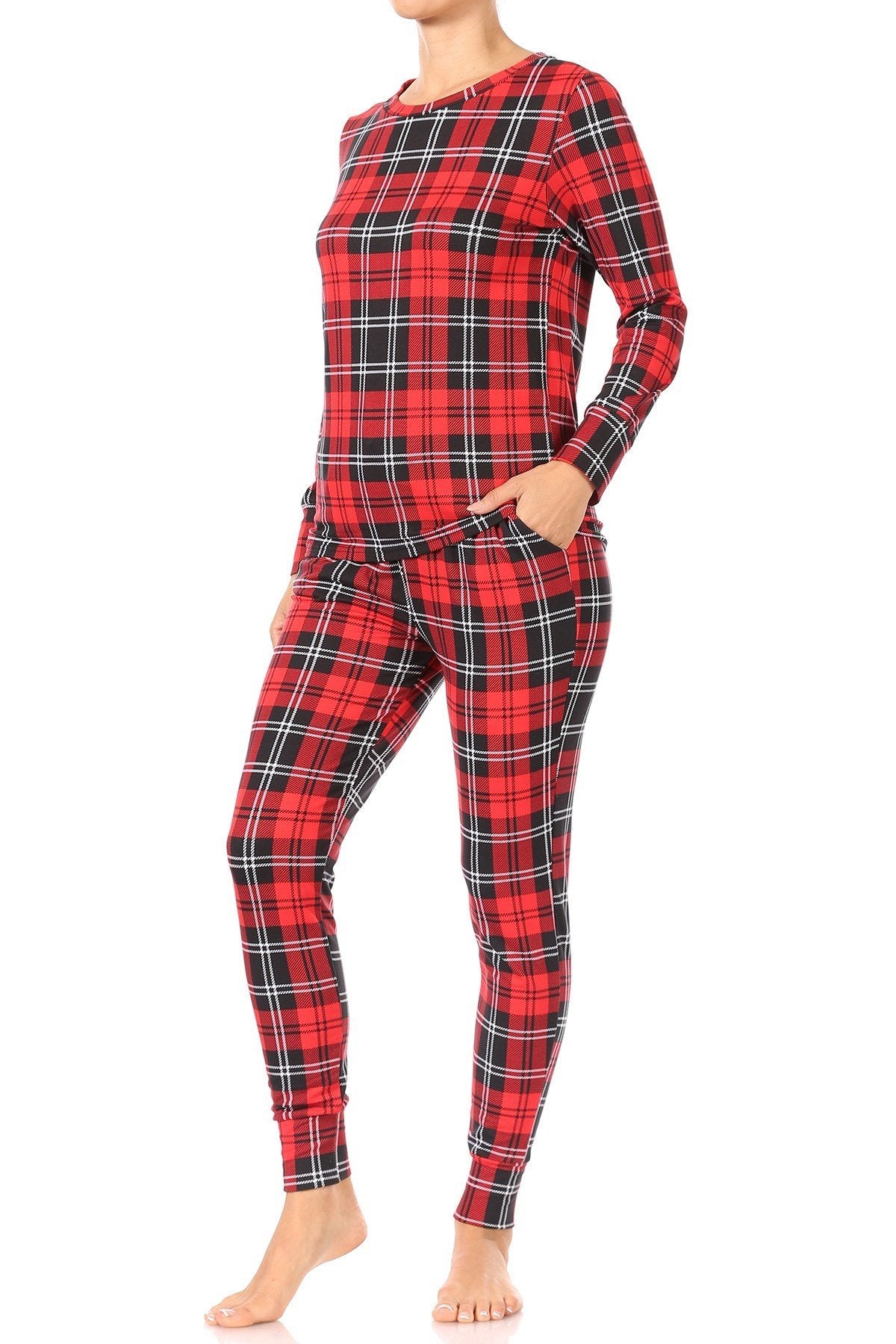 Red Plaid Fleece Lined Lounge Pajama Set Pants and Shirt - SimplyCuteTees