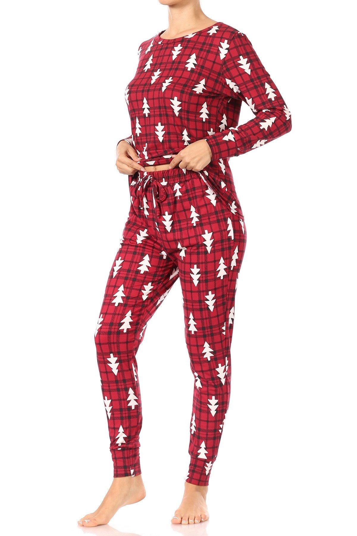 Plaid Christmas Trees Fleece Lined Lounge Pajama Set Pants and Shirt - SimplyCuteTees