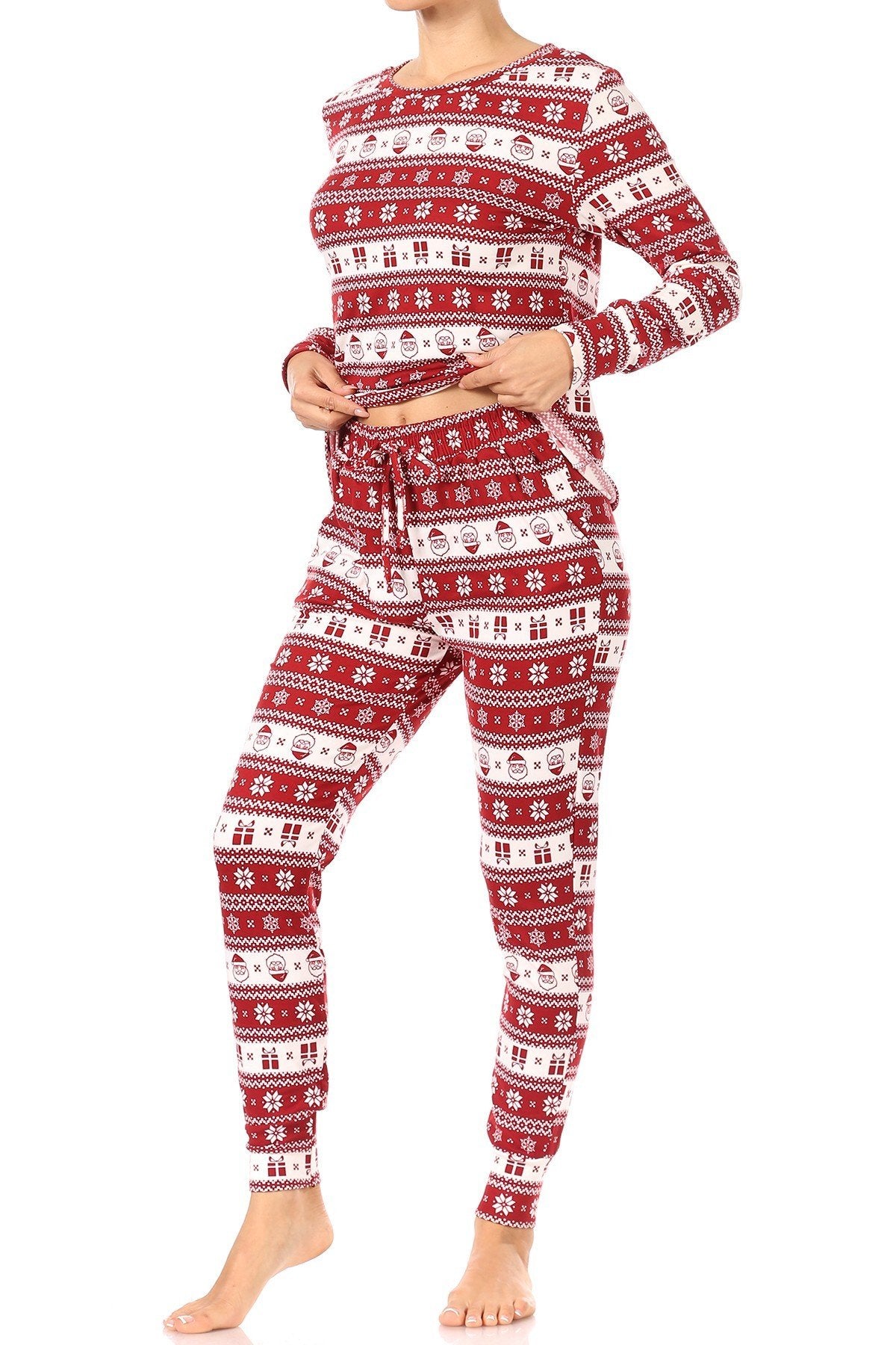 Christmas Fair Isle Santa Fleece Lined Lounge Pajama Set Pants and Shirt - SimplyCuteTees