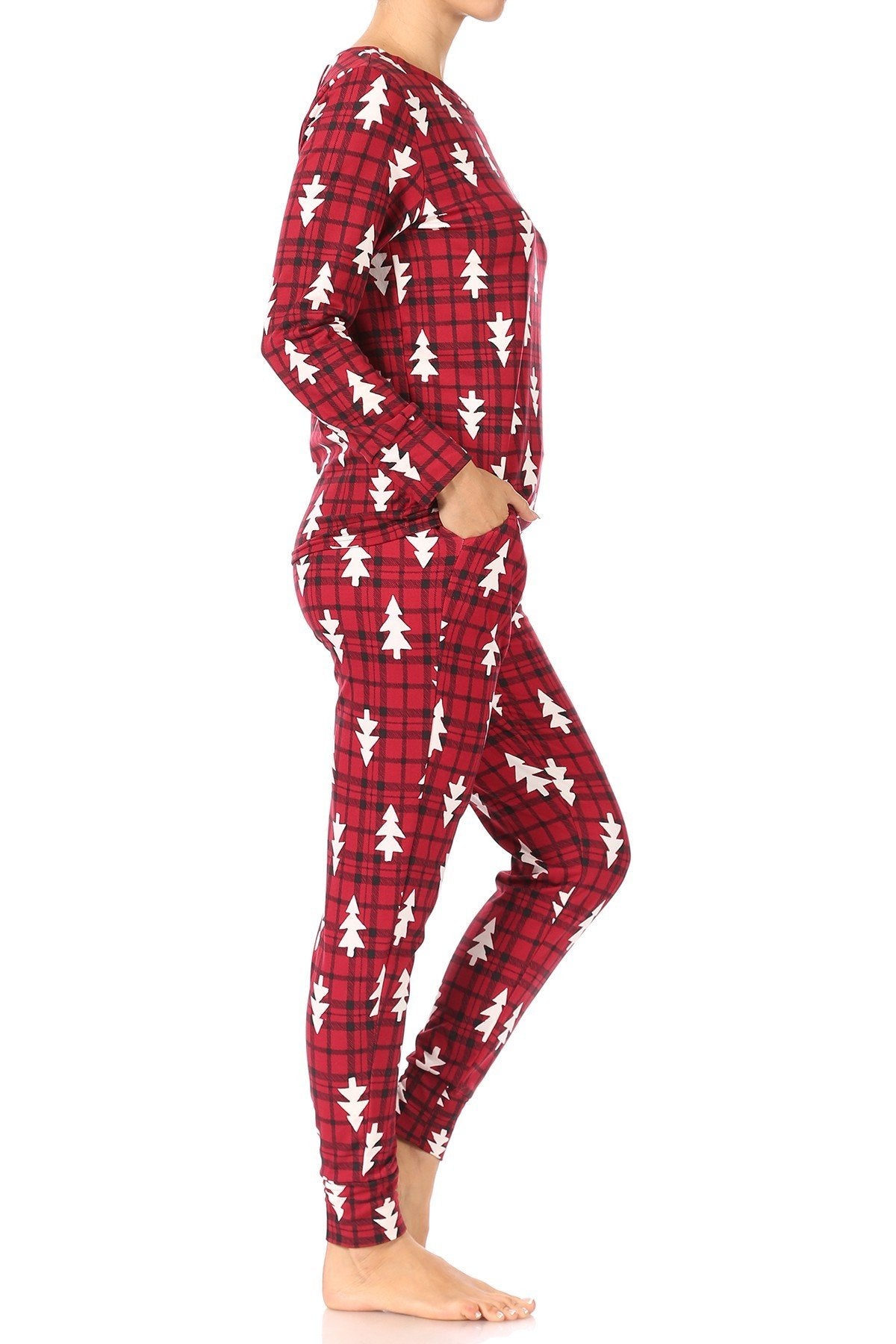 Plaid Christmas Trees Fleece Lined Lounge Pajama Set Pants and Shirt - SimplyCuteTees