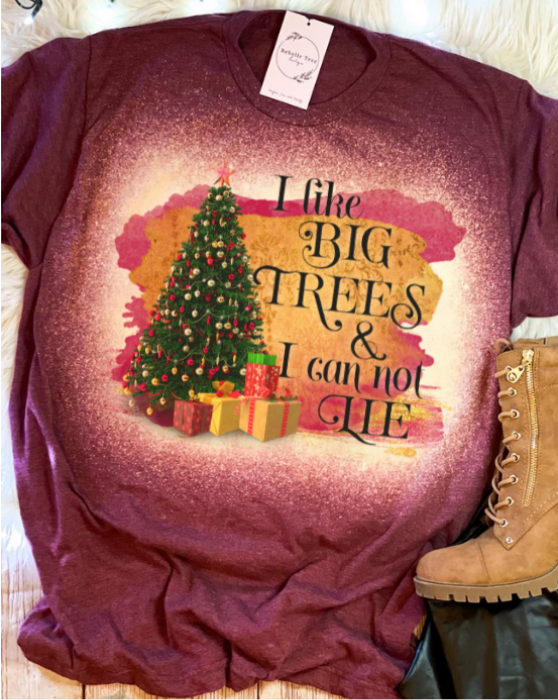 I Like Big Trees &amp; I Can Not Lie Christmas Bleached Dye Canvas Girlie T Shirt - SimplyCuteTees