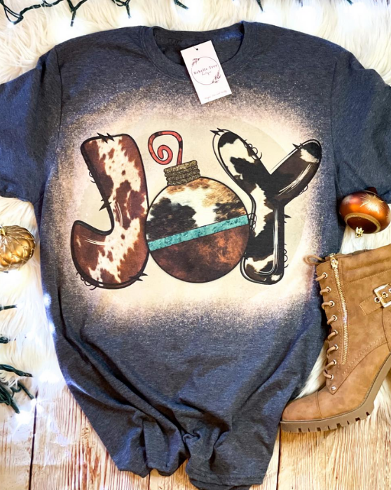 Joy Cow Print Christmas Ornament Bleached Dye Canvas Girlie T Shirt - SimplyCuteTees