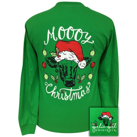 Girlie Girl Originals Preppy Moooy Christmas Santa Hat Cow Holiday Long Sleeve T-Shirt