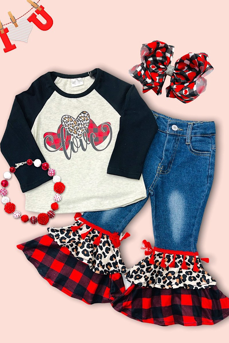 Youth Baby Toddler Love Raglan &amp; Denim Bell Leopard Plaid Pants Valentines Day Set - SimplyCuteTees