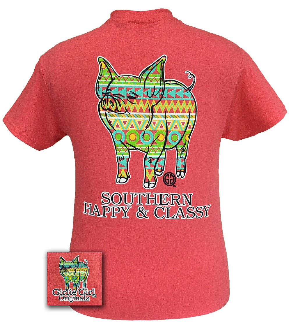 SALE Girlie Girl Originals Southern Aztec Happy &amp; Preppy Pig Bright Coral T Shirt