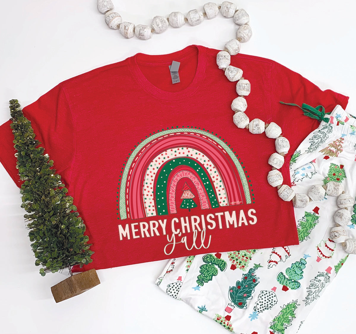 Southernology Statement Merry Christmas Y'all Rainbow Canvas T-Shirt - SimplyCuteTees