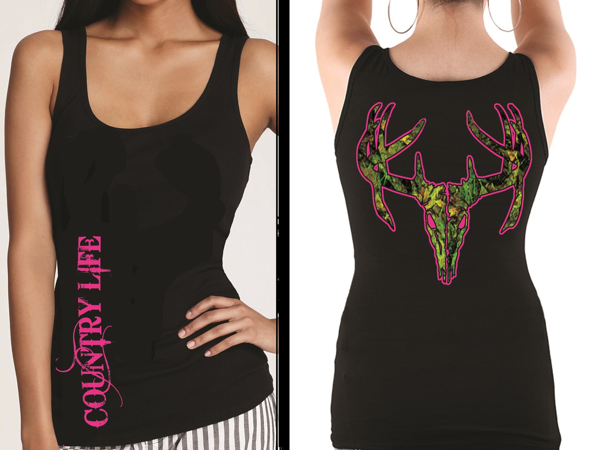 Country Life Outfitters Black &amp; Pink Camo Realtree Deer Skull Head Hunt Vintage Bright Fitted Tank Top Shirt - SimplyCuteTees