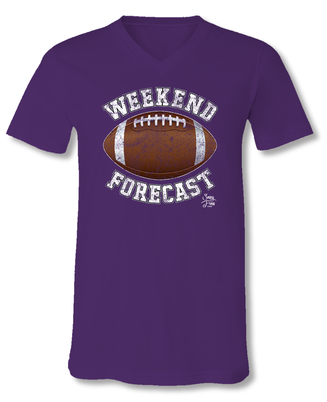 Sassy Frass Weekend Forecast Football Purple V-Neck Canvas Girlie Bright T Shirt - SimplyCuteTees
