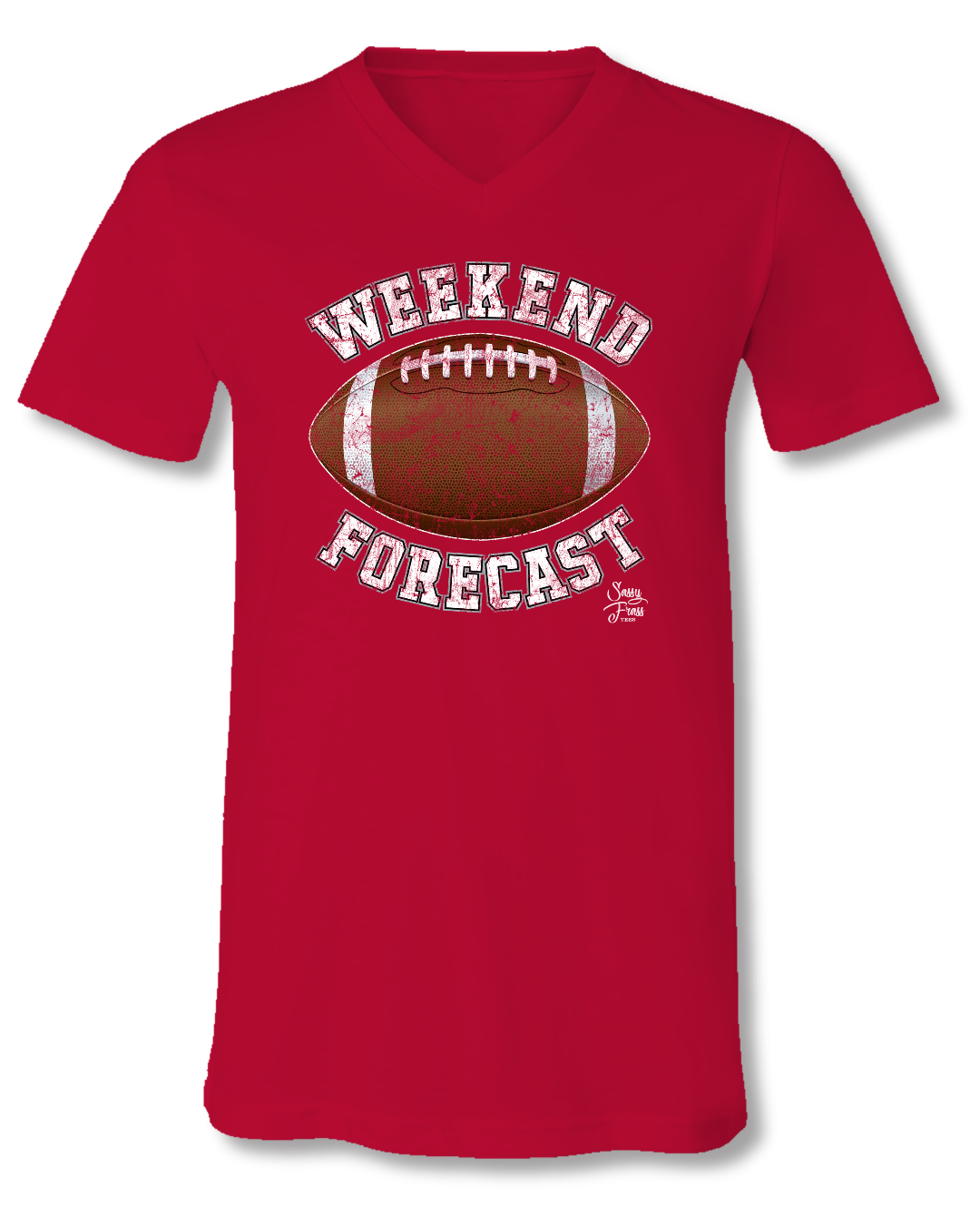 Sassy Frass Weekend Forecast Football Red V-Neck Canvas Girlie Bright T Shirt - SimplyCuteTees